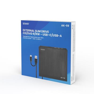 SAVIO AK-59 Externe dunne CD/DVD-recorder R/RW - USB-C/USB-A, zwart
