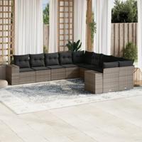 10-delige Loungeset met kussens poly rattan grijs - thumbnail