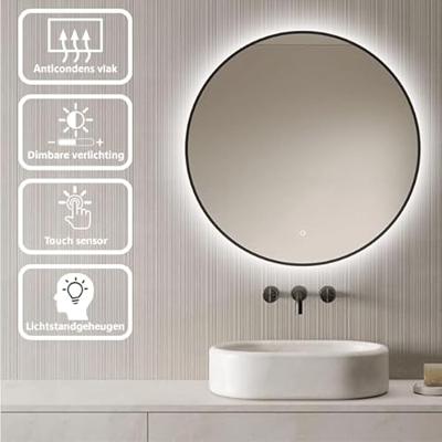 Loxa - Ronde Badkamerspiegel Ilona met Led 50cm - Zwarte omlijsting - Dimbaar - Condensvrij vlak- Duurzame kwaliteit - Eenvoudige installatie