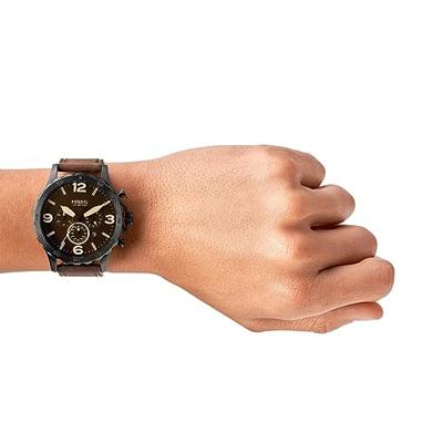 Fossil JR1487 Horloge Nate Chrono staal-leder zwart-bruin 50 mm Fossil JR1487 Horloge Nate Chrono staal-leder zwart-bruin 50 mm