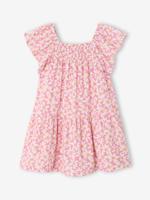 Jurk voor meisjes met smockwerk en bloemenprint roze (poederkleur) - thumbnail