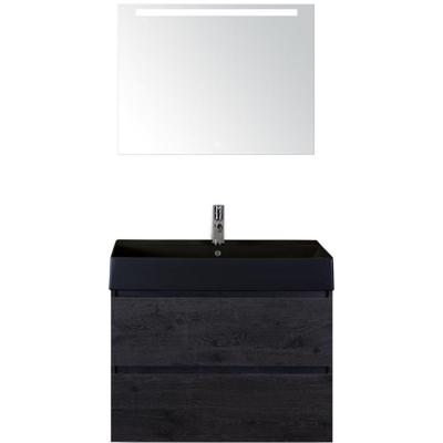 Maxx XL Badmeubelset 80 cm - Black Oak - Wastafel Kube Zwart 1 Kraangat met LED Spiegel