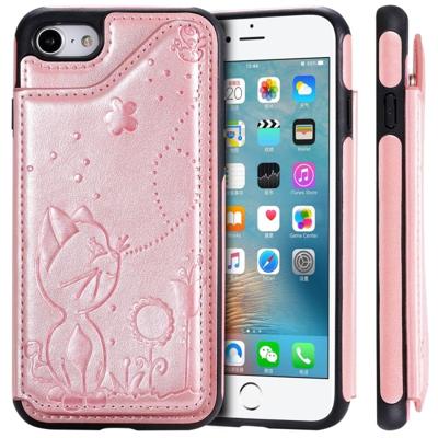 Voor iPhone 8/7 kat Bee reliëf patroon schokbestendige beschermende case met kaartsleuven & fotolijstjes (Rose goud) Voor iPhone 8/7 kat Bee reliëf patroon schokbestendige beschermende case met kaartsleuven & fotolijstjes (Rose goud)