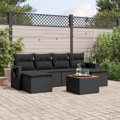 7-delige Loungeset met kussens poly rattan zwart