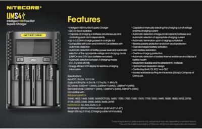NiteCore UMS4 Batterijlader NiCd, NiMH, Li-ion, Li-poly 10440, 10500, 12500, 12650, 13500, 13650, 14500, 14650, 16340, 16650, 17335, 17355, 17500, 17650,
