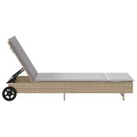 Ligbed met wielen en kussen poly rattan beige - thumbnail