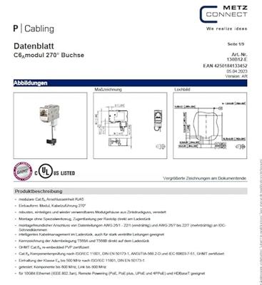 Metz Connect 130B12-E RJ45-inbouwmodule E-Dat CAT 6A 1 stuk(s) Metz Connect 130B12-E RJ45-inbouwmodule E-Dat CAT 6A 1 stuk(s)
