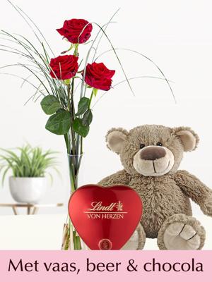 Drie rode rozen inclusief vaas, Lindt hart en teddybeer 27 cm - Valentijnsdag