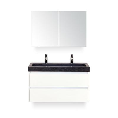 Dante Badmeubelset 100 cm - Wit Hoogglans - Wastafel Hardsteen Wit Lucca 2 kraangaten - met Spiegelkast