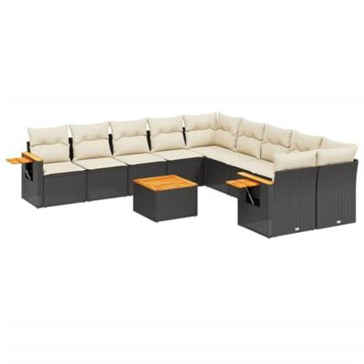11-delige Loungeset met kussens poly rattan zwart