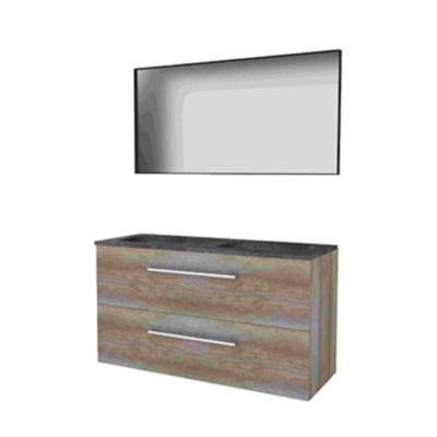 Basic-Line Framed 46 Badkamermeubelset - 120 x 46 cm - Met Grepen - 2 Lades - Hardstenen Wastafel - 2 Kraangaten - Spiegel met Zwart Aluminium Frame - Scotch Oak