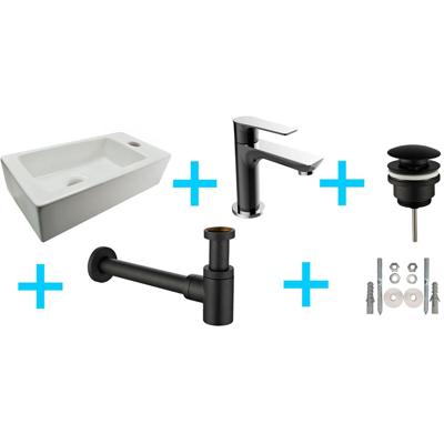 Wiesbaden Fonteinset Rhea S Mini met Fontein Rechts - Glans Wit - Casma Kraan - Sifon - Afvoerplug - Zwart/Chroom