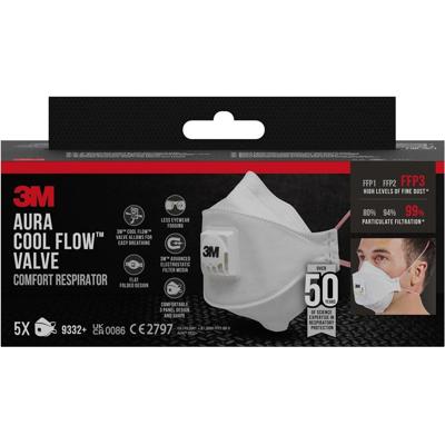 3M Aura Comfort Cool Flow stofmasker, FFP3, met ventiel, pak van 5 stuks