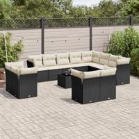 12-delige Loungeset met kussens poly rattan zwart - thumbnail