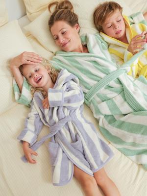 Gestreepte badjas voor volwassenen TRANSAT familie-capsulecollectie, personaliseerbaar, met gerecycled katoen groen, gestreept