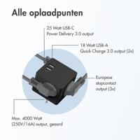 Accezz PowerCube 6-in-1 1x USB-C+2x USB-A+3x stopcontact 4000W Oplader Zwart - thumbnail