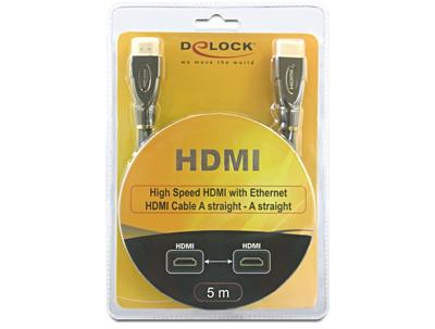 Delock 82739 HDMI-kabel HDMI Aansluitkabel HDMI-A-stekker 5 m Zwart 4K UHD, Vergulde steekcontacten, Afgeschermd (drievoudig), Verdraaid Delock 82739 HDMI-kabel HDMI Aansluitkabel HDMI-A-stekker 5 m Zwart 4K UHD, Vergulde steekcontacten, Afgeschermd (drievoudig), Verdraaid