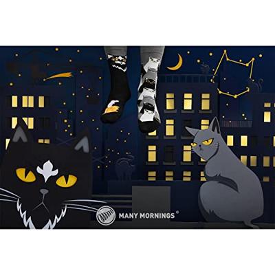 Many Mornings Black Cat / zwarte kat - mismatched sokken met kat, zwart, grijs, wit., 35 EU