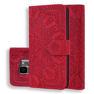 Kalf patroon dubbele vouwen ontwerp reliëf lederen draagtas met portemonnee & houder & kaartsleuven voor Galaxy S9 (rood)