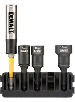 DeWalt Accessoires Houder + IMPACT magnetische zeskantdoppen (reinigbaar) | 5 stuks | 8 mm, 10 mm, 13 mm + Flextorq schroefgeleider - DT70827-QZ