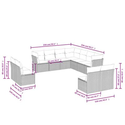 11-delige Loungeset met kussens poly rattan bruin - thumbnail