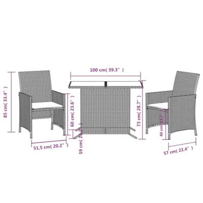3-delige Bistroset met kussens poly rattan grijs