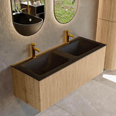 Mondiaz KURVE 120 cm Onderkast Greeploos 1 Lade Zonder Deuren Oak, Wastafel Solid Surface Dubbel Urban 2 Kraangaten Zonder Spiegel (KRVCLO1201L0D2KD-Oak/Urb)