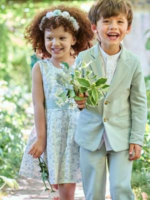 Feestelijke jongensset met overhemd met maokraag en broek blauwgroen
