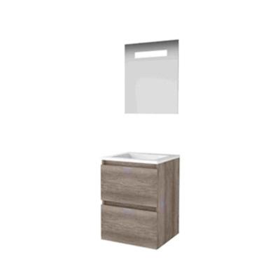 Basic-Line Premium 46 Badkamermeubelset - 50 x 46 cm - Greeploos - 2 Lades - Acryl Wastafel - 1 Kraangat - Spiegelkast met LED Verlichting - Scotch Oak
