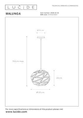 Lucide MALUNGA - Hanglamp - Ø 25 cm - 1xE27 - Zwart