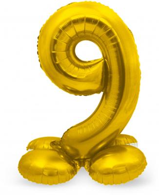 Goudkleurig Folieballon Cijfer 9 Op Standaard (72 cm)