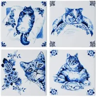 Heinen Delfts Blauw onderzetter keramiek luie kat 10x10x0.5cm delfts blauw 4 stuks - thumbnail