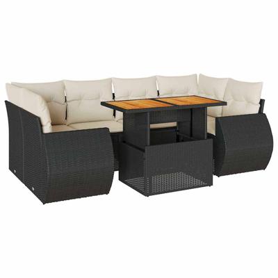 7-delige Loungeset met kussens poly rattan zwart