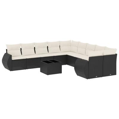 10-delige Loungeset met kussens poly rattan zwart