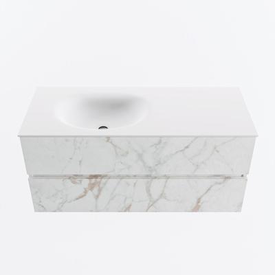 MONDIAZ VICA 110cm badmeubel onderkast Carrara 2 lades. Wastafel MOON links 1 kraangat, kleur Talc.
