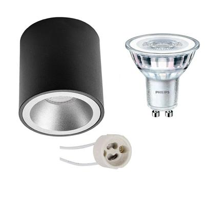 Opbouwspot Set - Pragmi Cliron Pro - GU10 Fitting - Opbouw Rond - Mat Zwart/Zilver - Verdiept - Ø90mm - Philips - CorePro 840 36D - 3.5W - Natuurlijk Wit 4000K