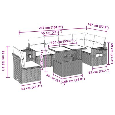 7-delige Loungeset met kussens poly rattan beige - thumbnail