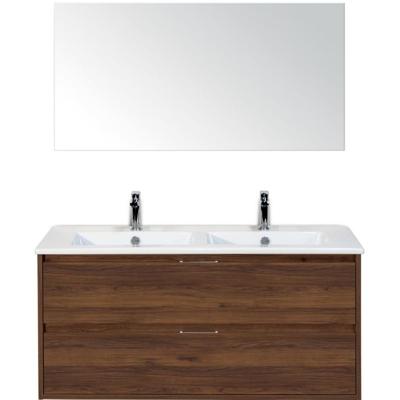 Porto Badmeubelset 120 cm - 2 Laden Walnoot - Keramische Wastafel Wit Slim met Spiegel