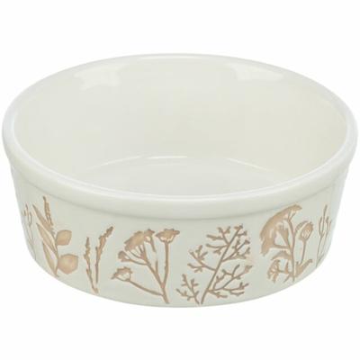TRIXIE VOERBAK / DRINKBAK HOND PLANTMOTIEF STRUCTUUR KERAMIEK WIT / TAUPE 300 ML 12 CM 4 ST