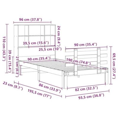 Bed met boekenkast zonder matras massief grenenhout 90x190 cm