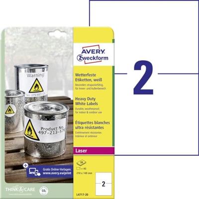 Avery-Zweckform L4717-20 Folie-etiketten 210 x 148 mm Polyester folie Wit 40 stuk(s) Permanent hechtend Laser (kleur), Laser (zwart/wit), Kopiëren (kleur),