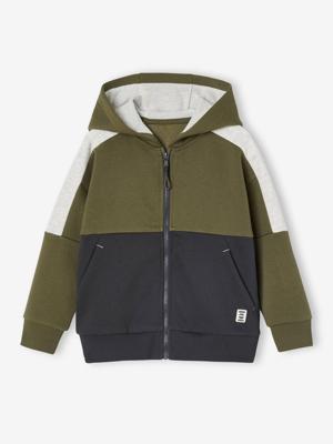 Sportieve sweater met rits en capuchon, colourblock effect, jongens kaki