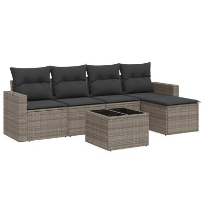 6-delige Loungeset met kussens poly rattan grijs