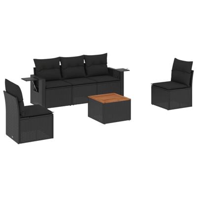 6-delige Loungeset met kussens poly rattan zwart