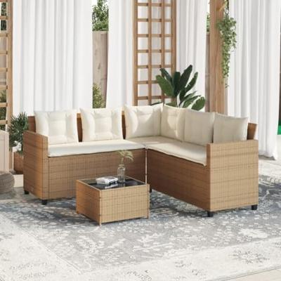 Tuinbank met tafel en kussens L-vormig poly rattan beige