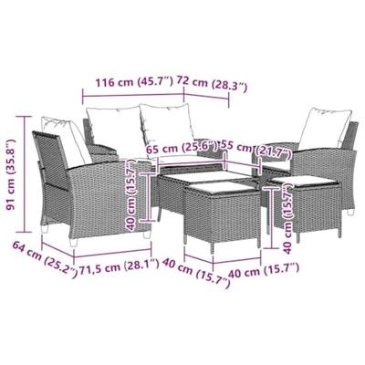 6-delige Loungeset met kussens poly rattan zwart