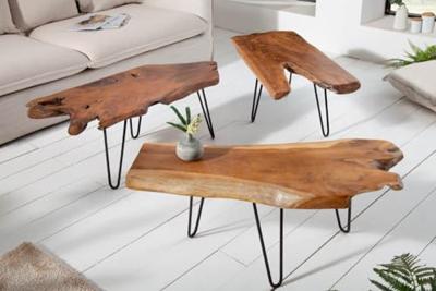 Massieve salontafel WILD 100cm teak massief houten boomschijf haarspeldpoten - 38797