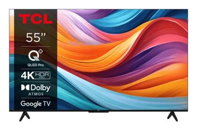 TCL 55T7B QLED Pro TV van 55 inch, 4K Ultra HD, HDR Pro, Smart-TV aangedreven door Google TV (Dolby Vision en Atmos, Motion Clarity, handsfree spraakbesturing, compatibel met Google Assistant)