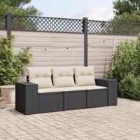 3-delige Loungeset met kussens poly rattan zwart - thumbnail