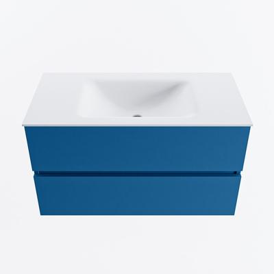 MONDIAZ VICA 90cm badmeubel onderkast Jeans 2 lades. Wastafel CLOUD midden zonder kraangat, kleur Talc.